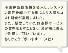 冷凍弁当自販機を導入し、レストラン部門を縮小する事により大幅なコスト削減が実現しました。また、懸念していたお客様サービスの質を落とすことなく、お客様に喜んで利用して頂いています。
ありがとうございます！　（A社）
